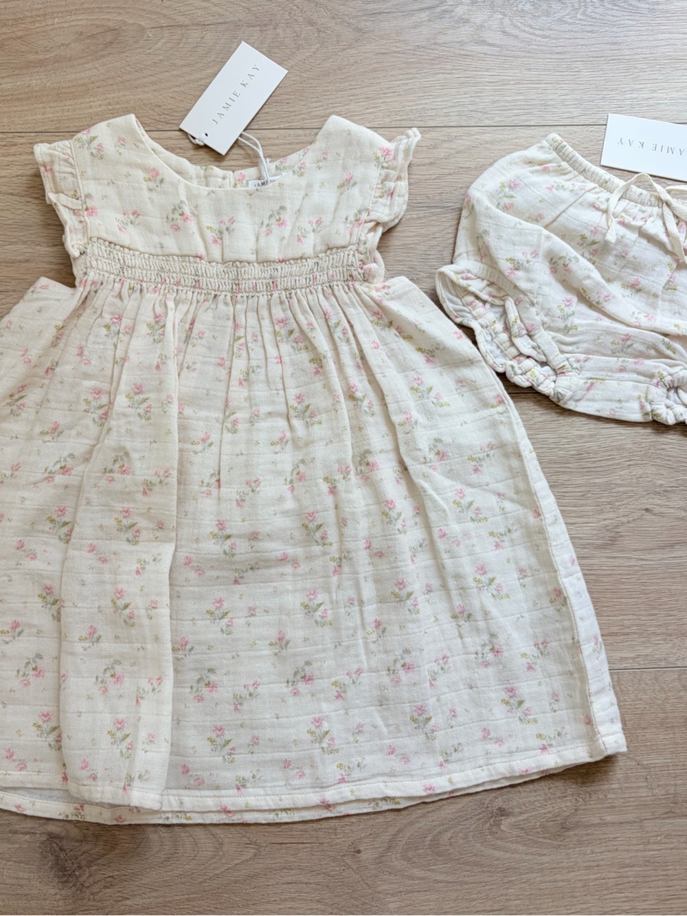 Jamie Kay Cream Muslin Baby Dress with Pink Floral Accents